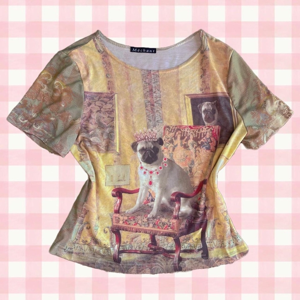 Super Quirky Vintage 90s Y2K Pug Earth Boho Fairycore Floral Top size MEDIUM